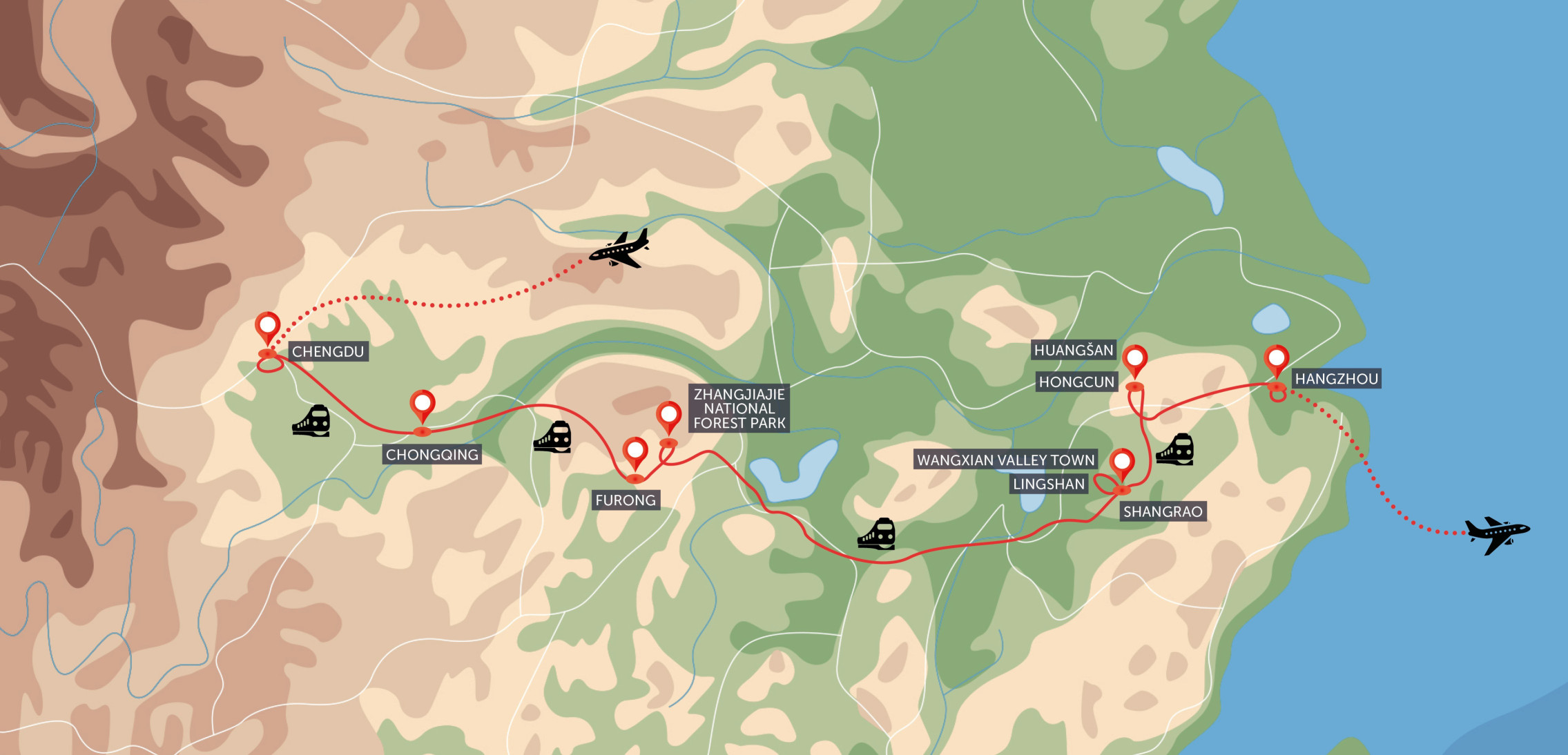 Mapa trasy zájezdu Neznámá Čína mimo turistické trasy