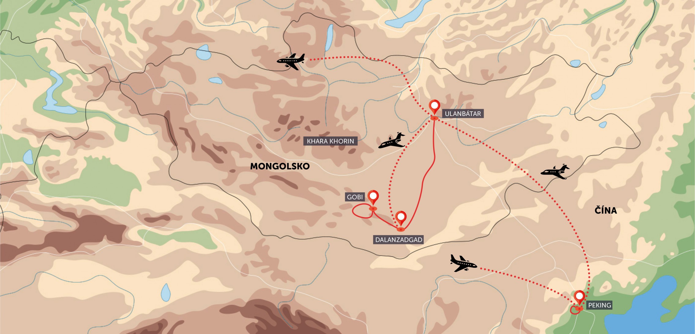 Mapa trasy zájezdu Čína a mongolská poušť Gobi