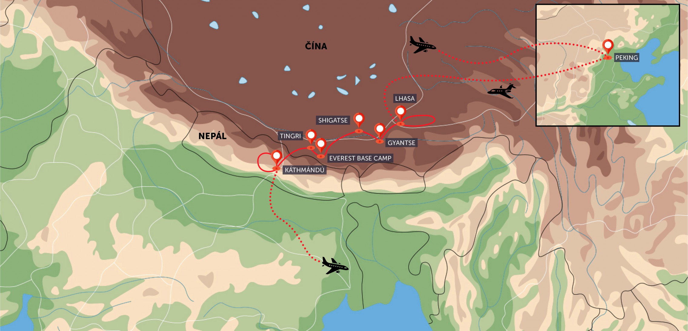 Mapa trasy zájezdu Tibet a Nepál kolem Himálaje