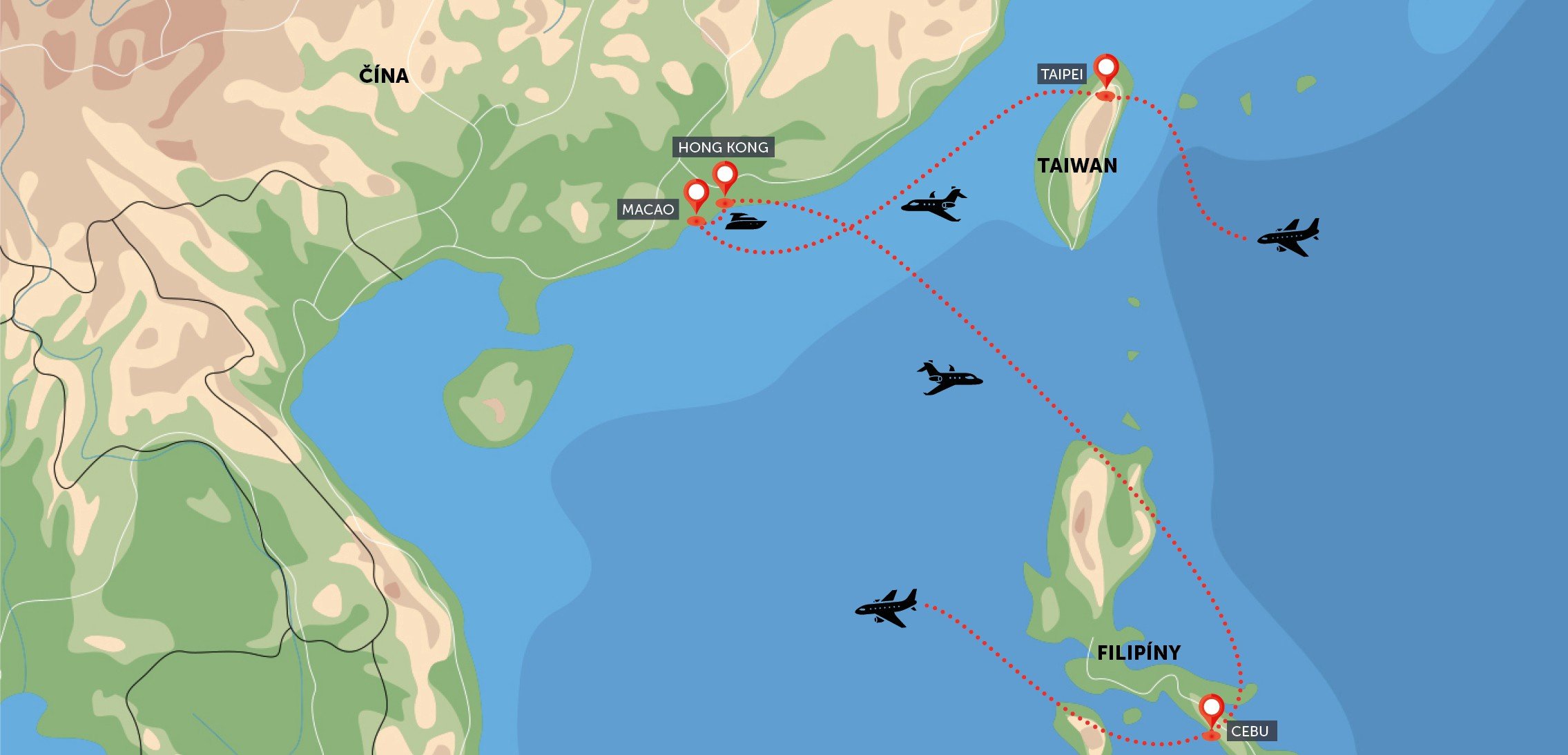 Mapa trasy zájezdu Taiwan, Hongkong, Macao a filipínské pláže