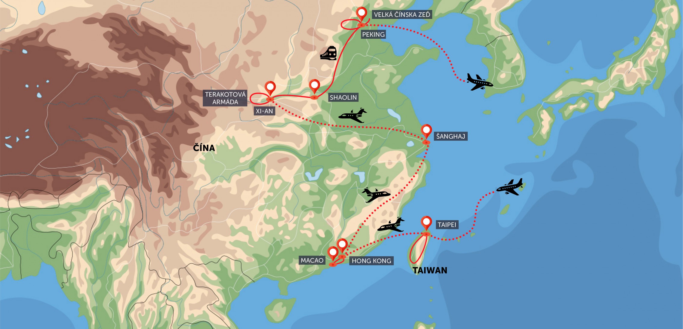 Mapa trasy zájezdu Velký okruh Čínou s Taiwanem