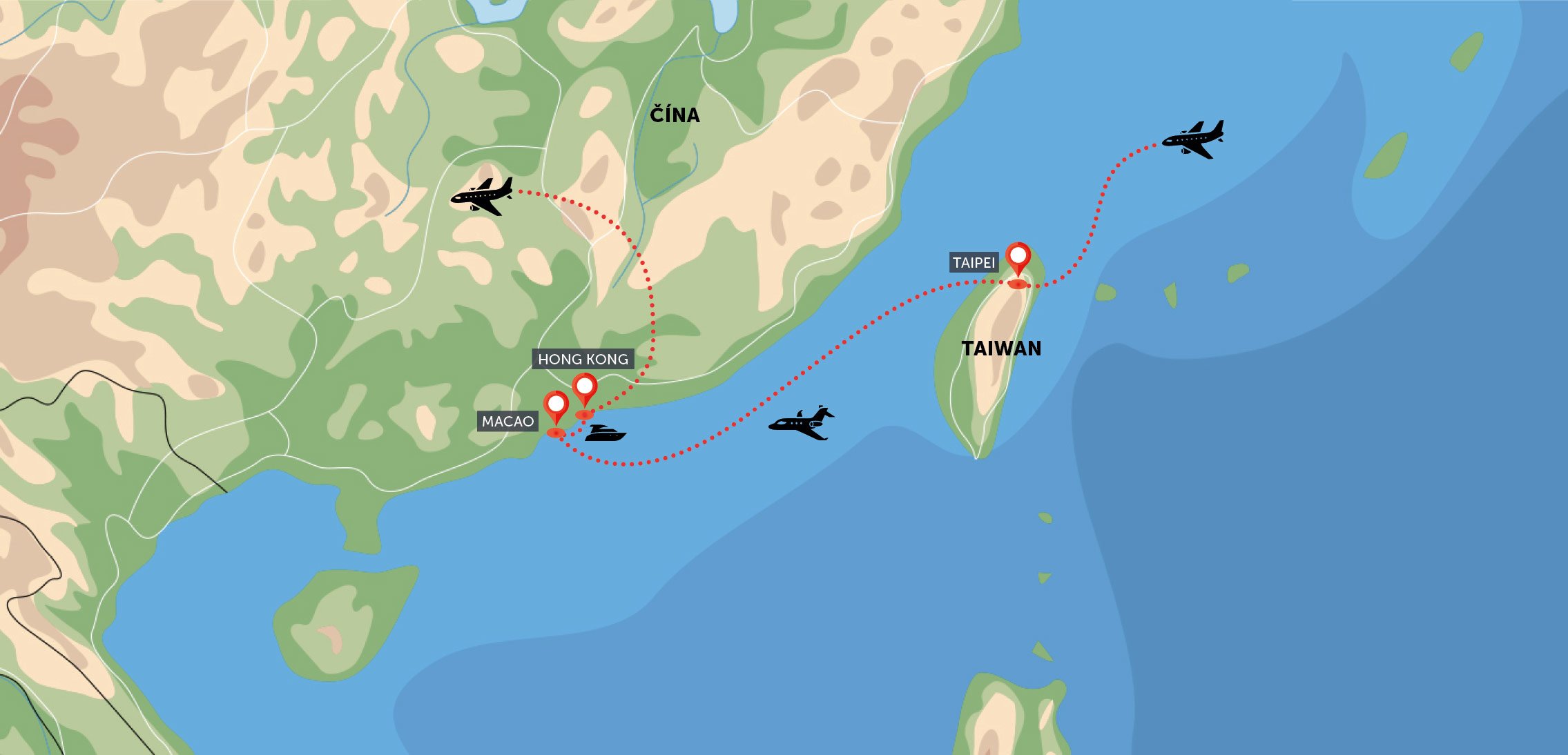 Mapa trasy zájezdu Taiwan, Hongkong a Macao