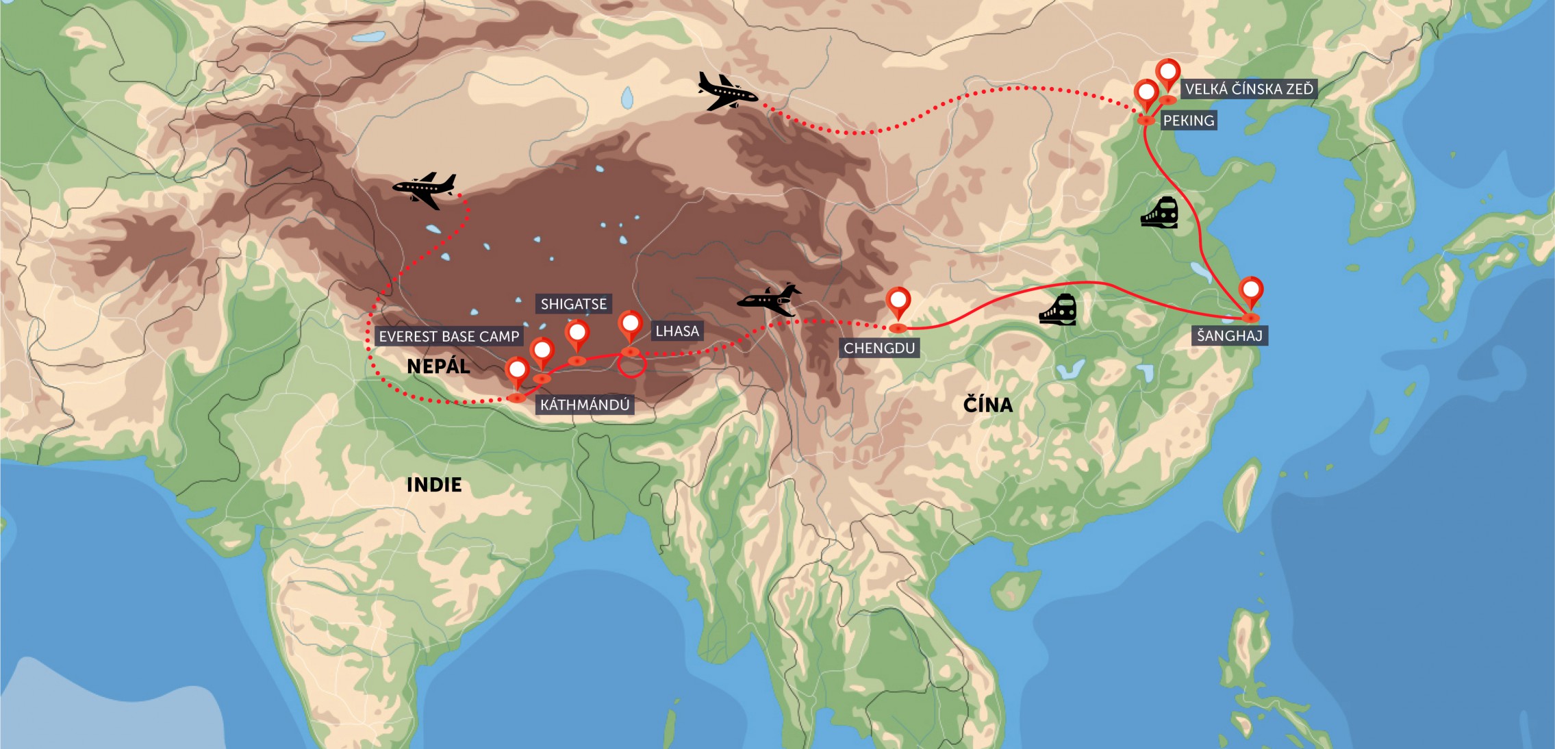 Mapa trasy zájezdu Čína, Tibet a Nepál s Lhasou