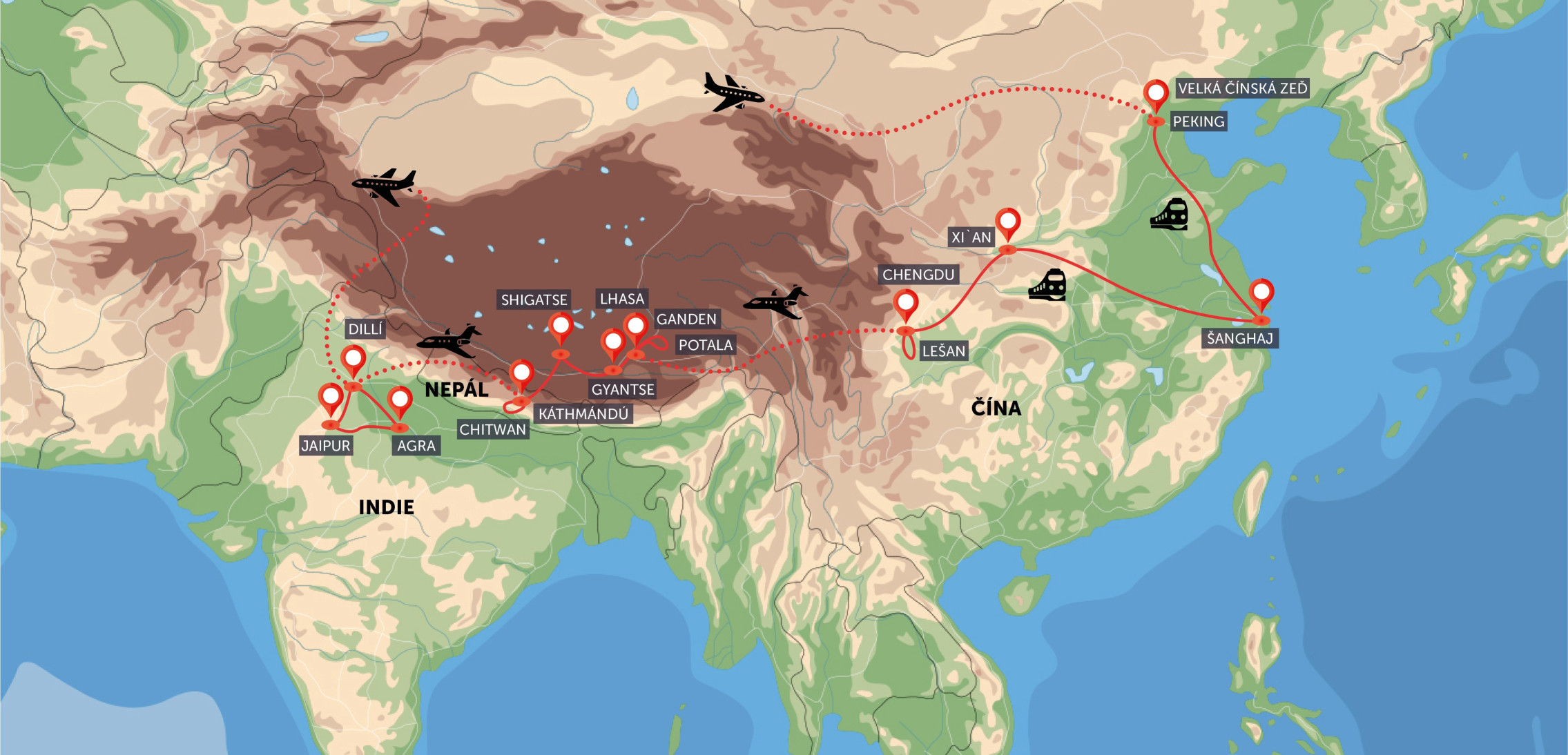 Mapa trasy zájezdu Čína, Tibet, Nepál a Indie