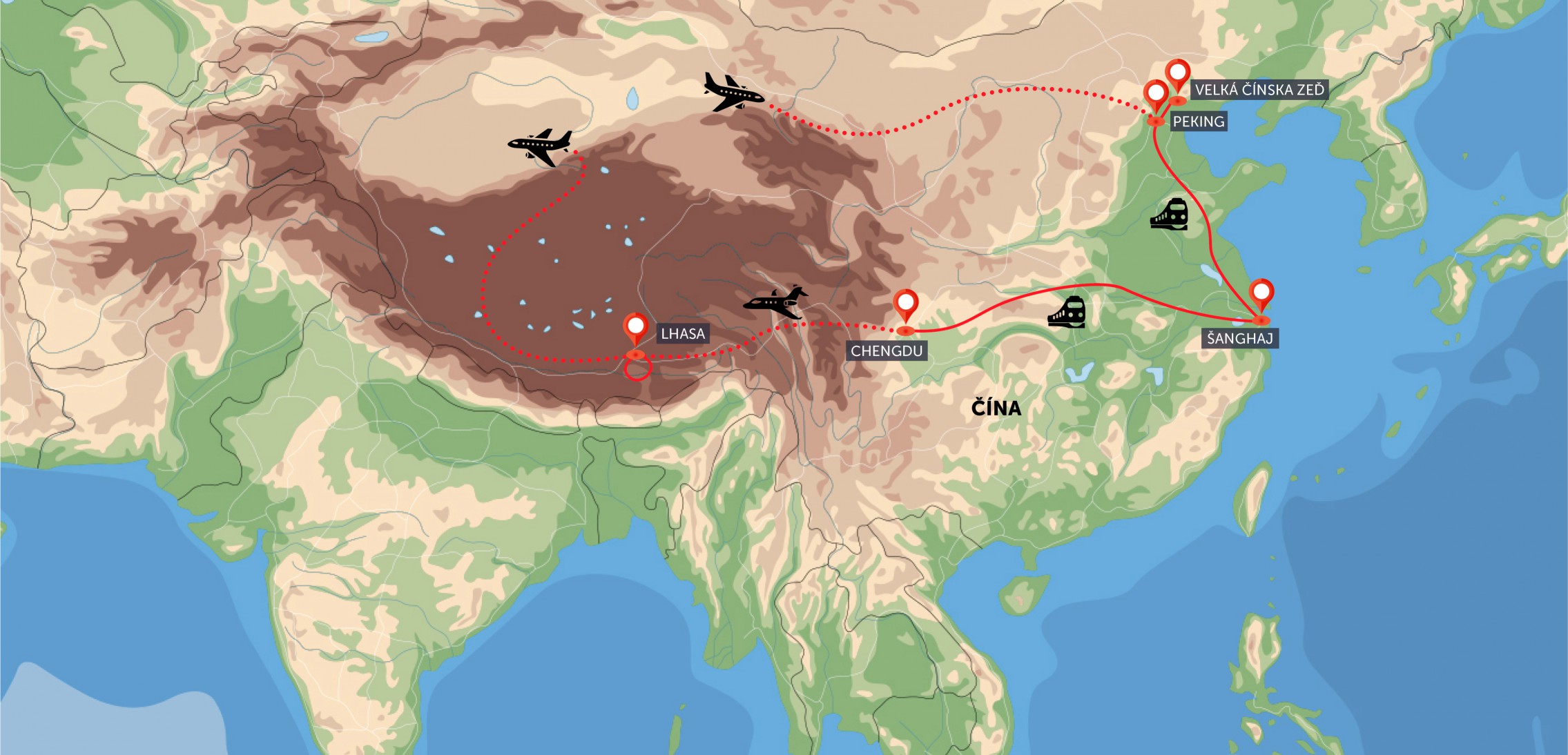 Mapa trasy zájezdu Čína a Tibet