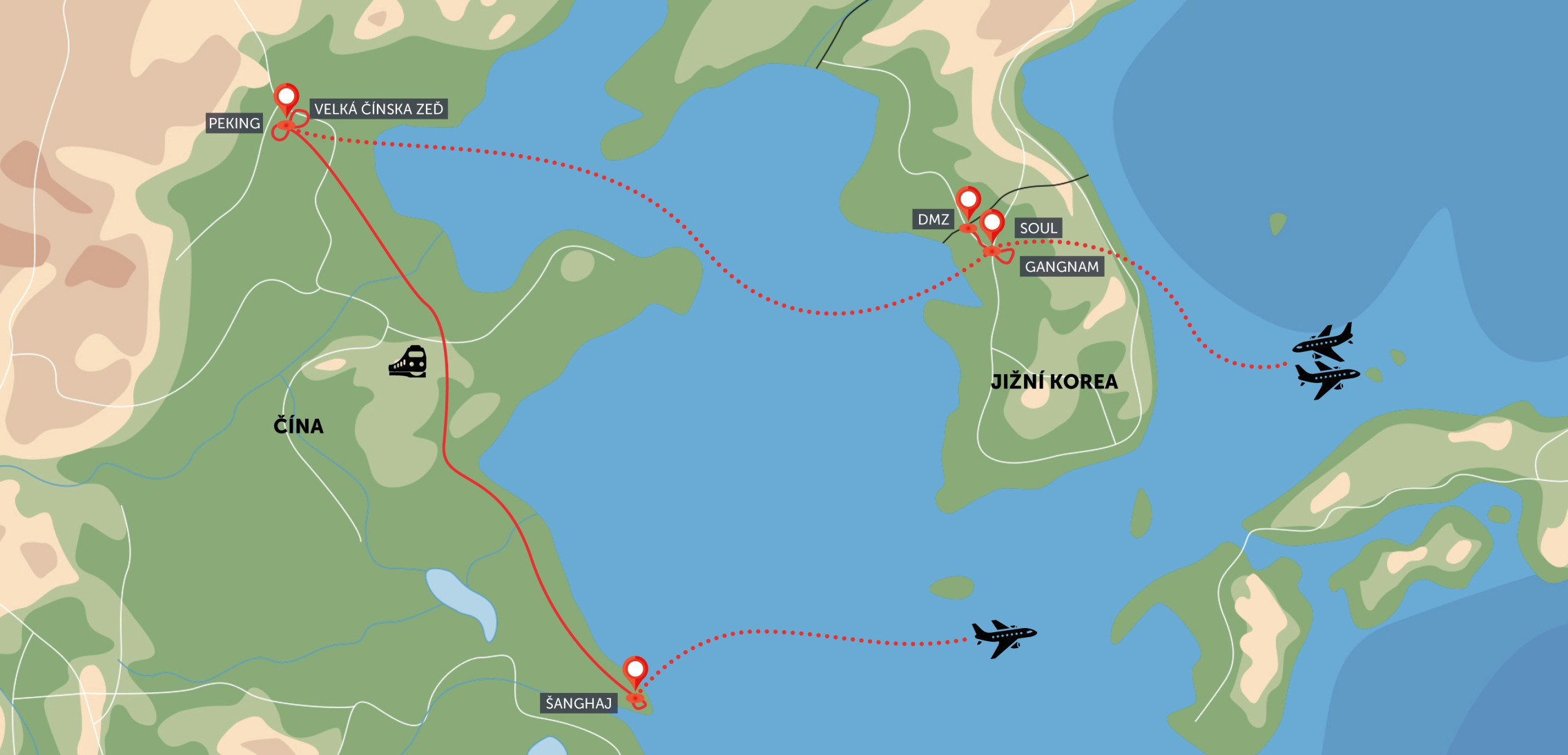 Mapa trasy zájezdu Jižní Korea a Čína