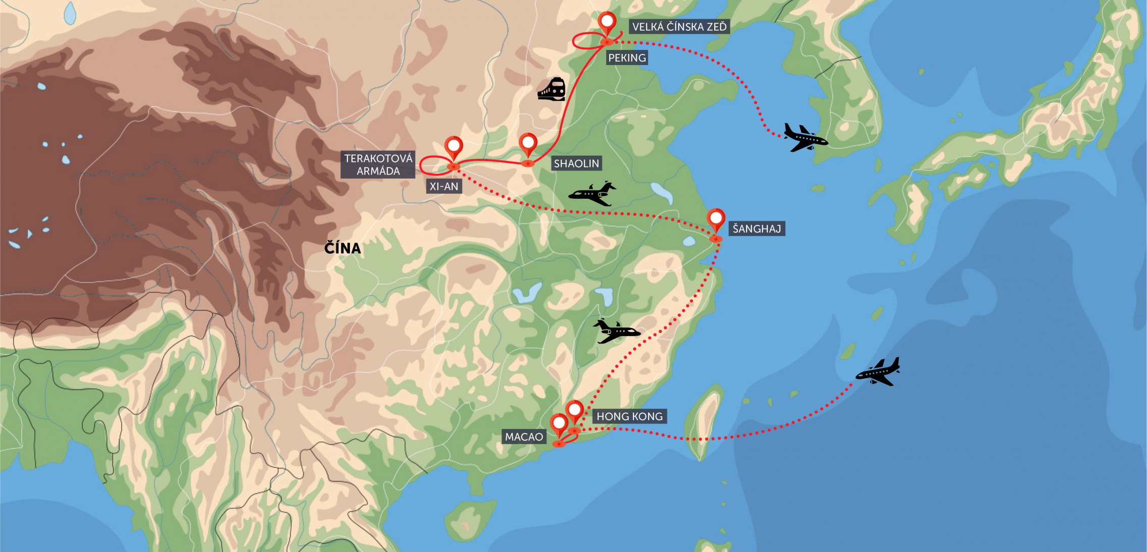 Mapa trasy zájezdu Velký okruh Čínou s Hongkongem a Macaem