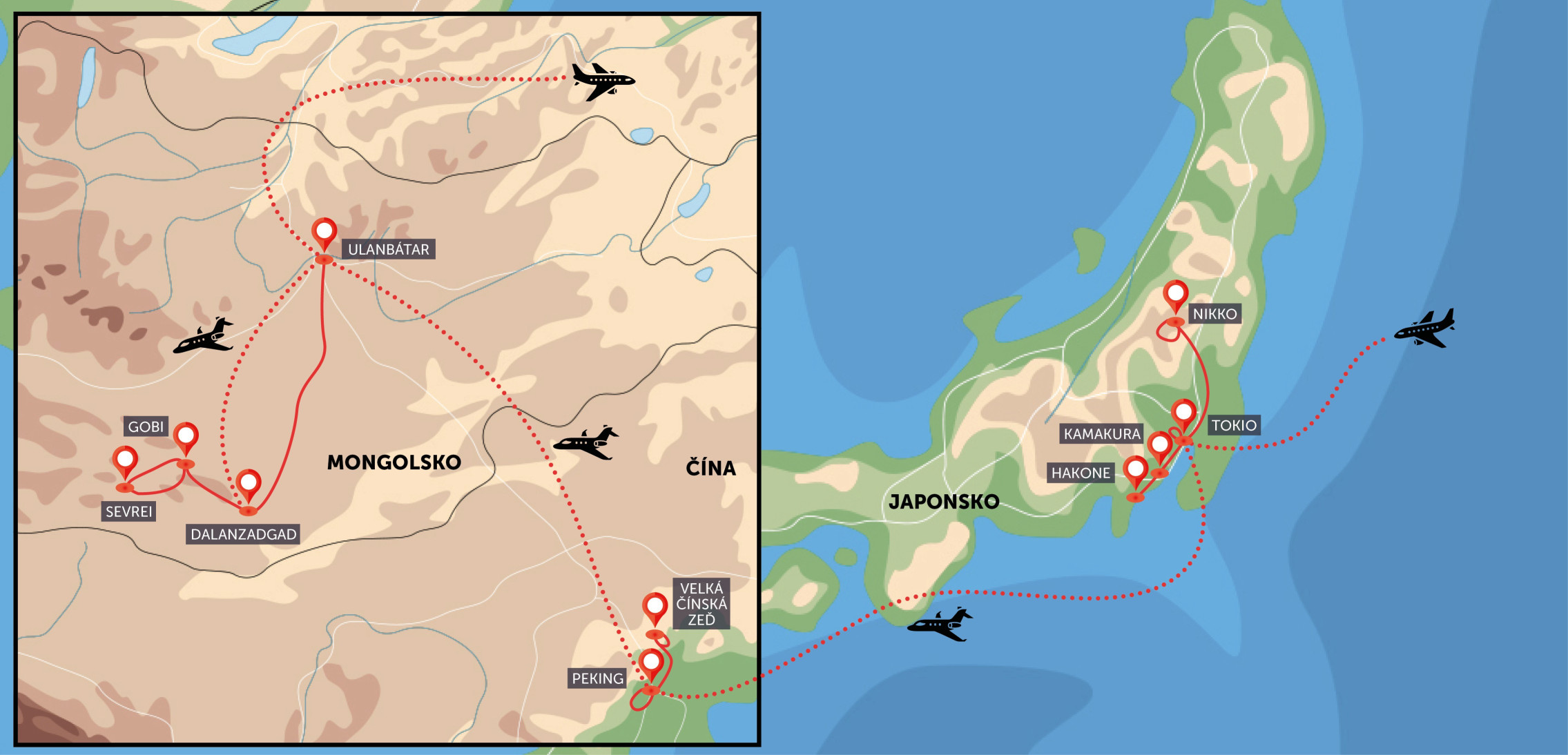 Mapa trasy zájezdu Mongolská Gobi, Peking a Tokio