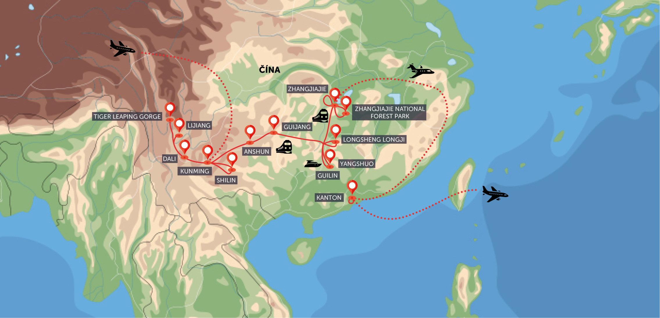 Mapa trasy zájezdu Nejkrásnější přírodní scenérie Číny