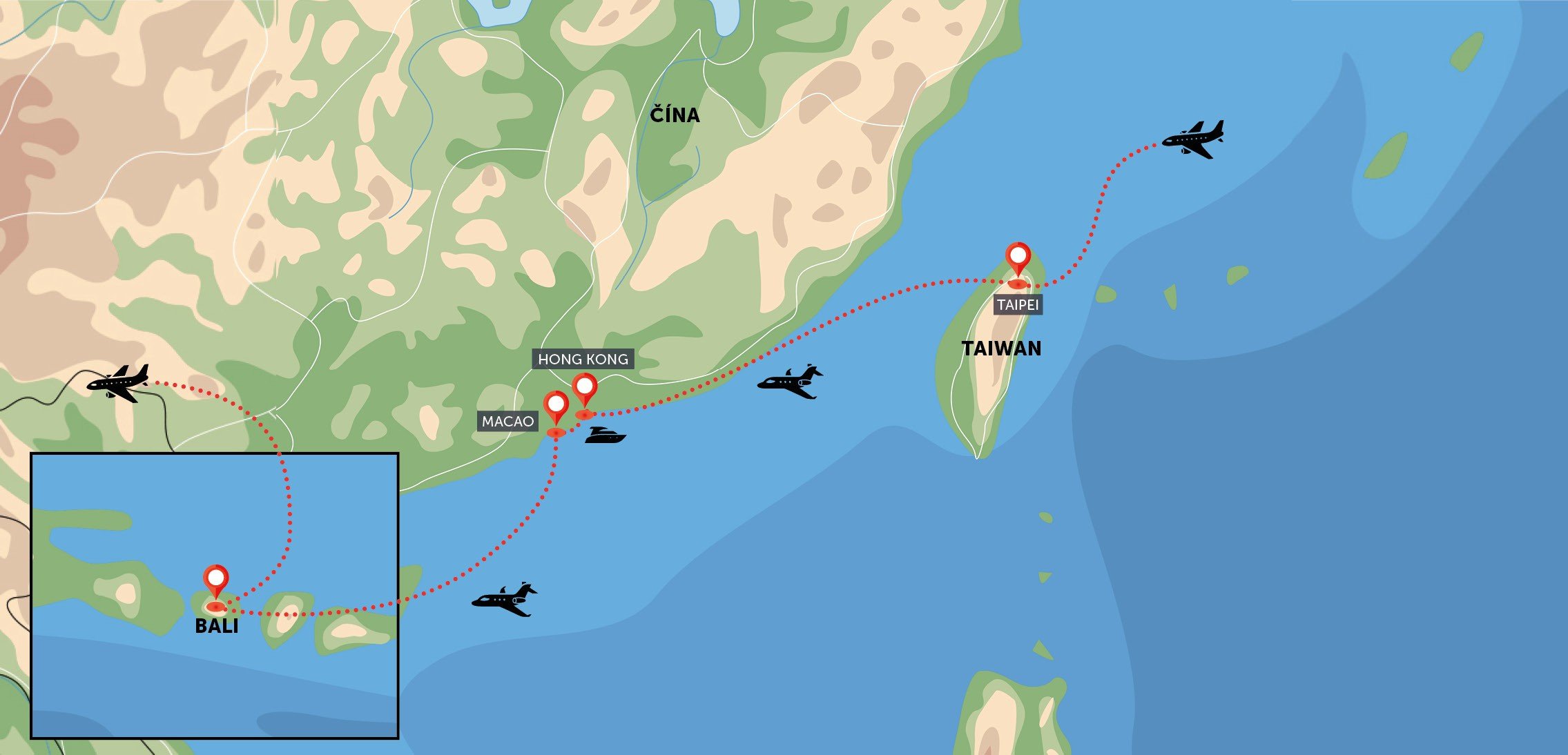 Mapa trasy zájezdu Taiwan, Hongkong, Macao a Bali