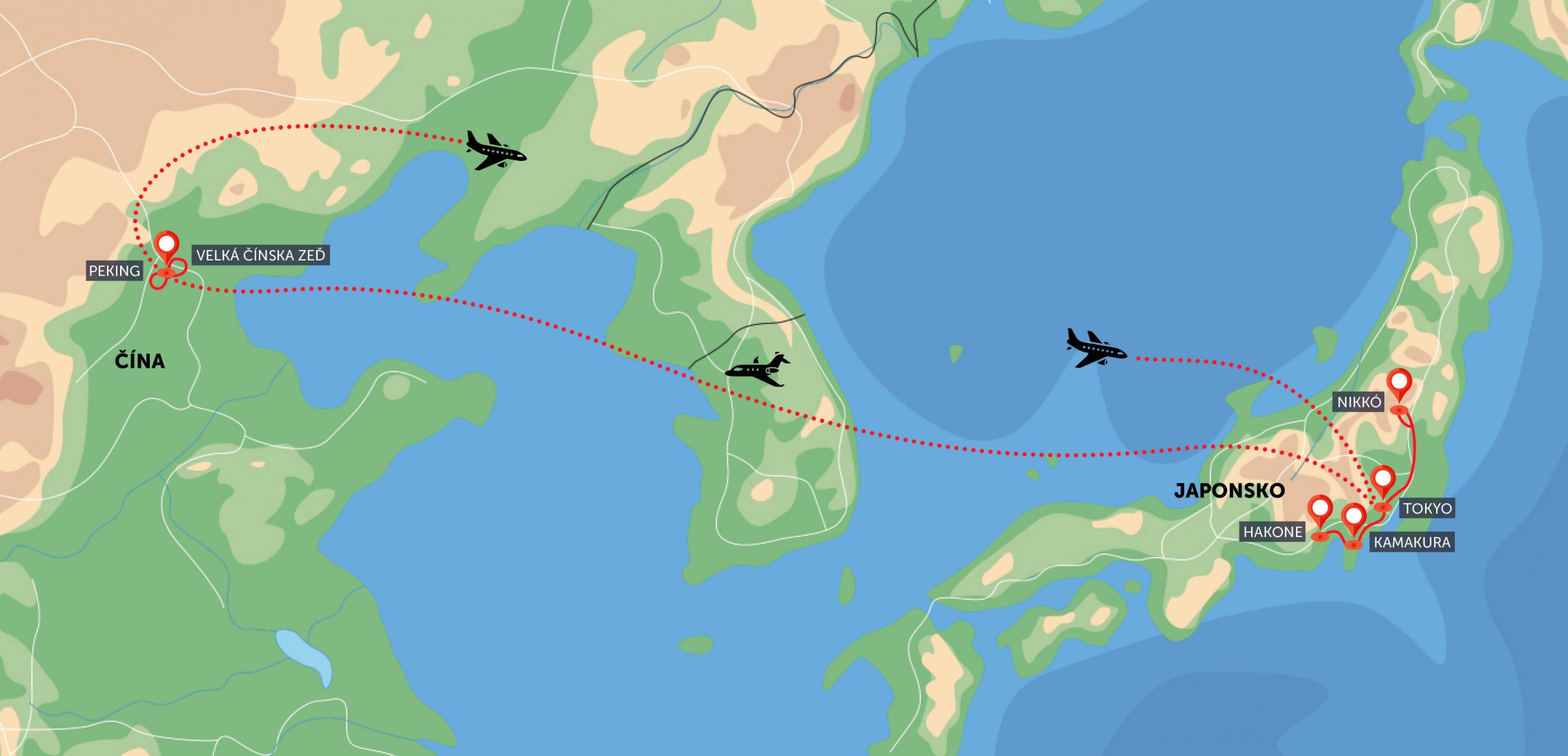 Mapa trasy zájezdu Tokio a Peking, dvě velkoměsta